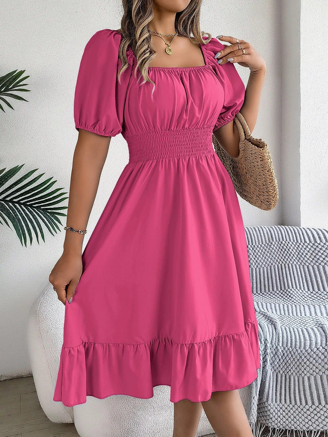 MIidi Casual Square Neck Short Sleeved Dress