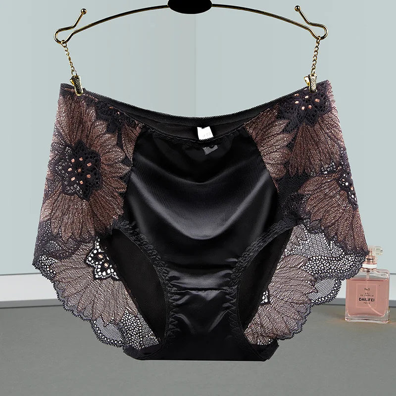 Satin Soft Middle Waist Elegant Exquisite Flower Underwear