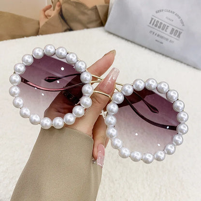 Luxury Pearl Metal Frame Round Sun glasses