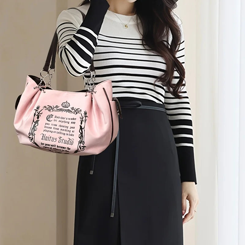 Letter Print Faux Suede Handbag