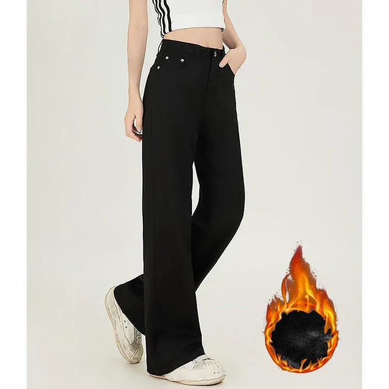 Fleece Thermal High Waist Straight Leg Jeans