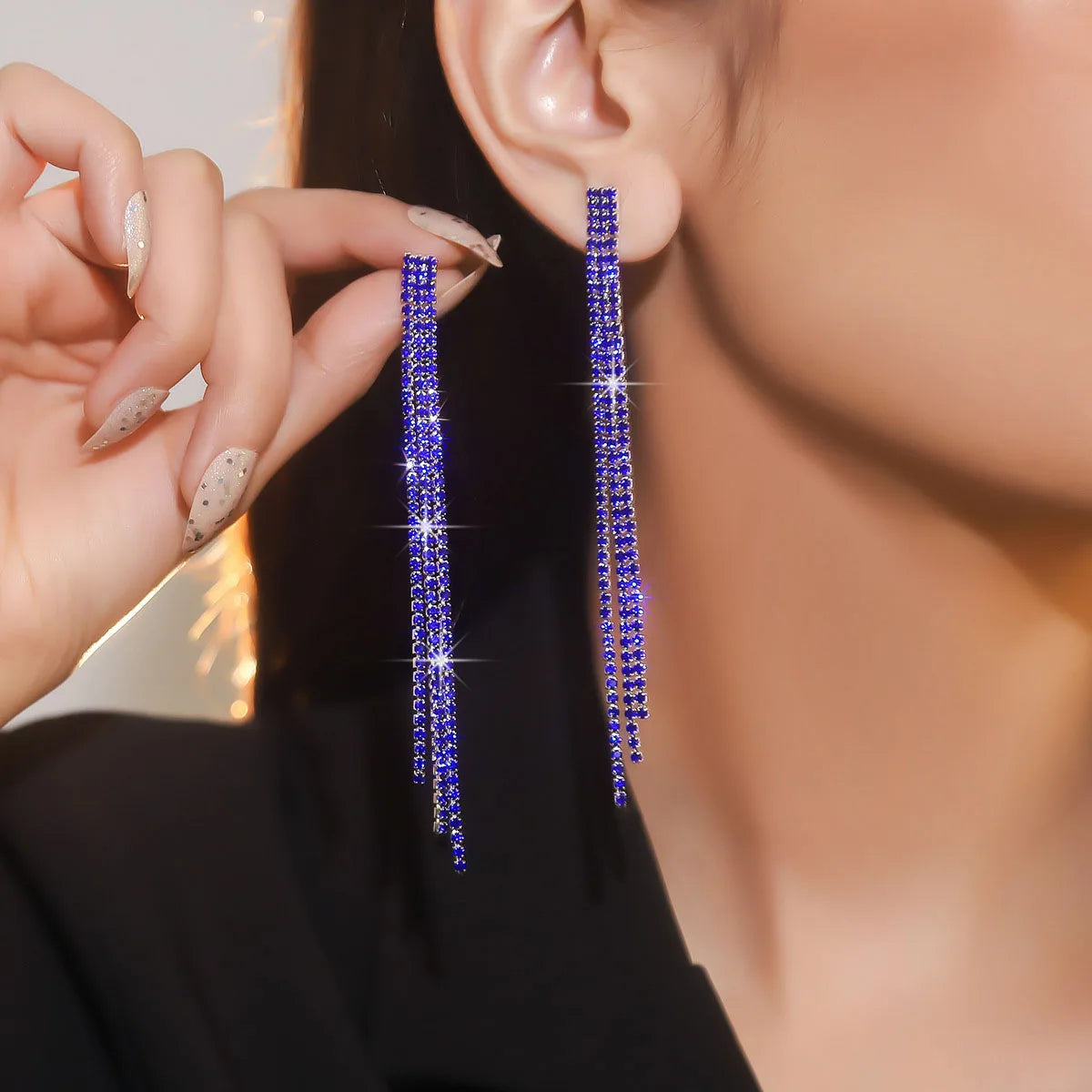 Shiny Rhinestone Crystal Tassel Long Earrings