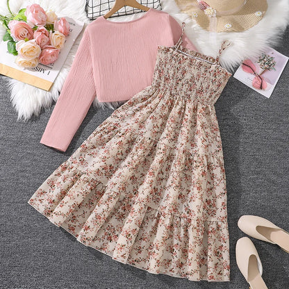 Kid Girl Long Sleeve Bow Sling Dress Set