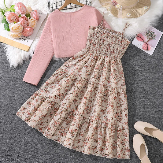 Kid Girl Long Sleeve Bow Sling Dress Set