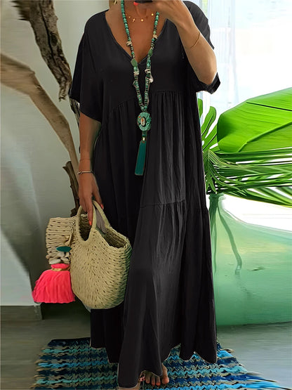 Plus Size Casual Loose V-Neck Solid Long Dress S