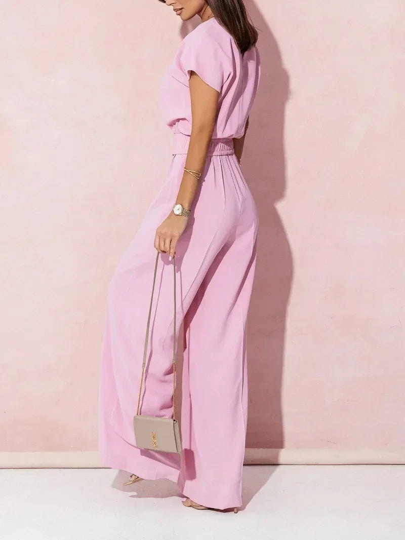 V-neck Short Sleeve Casual Belt  Jumpsuit