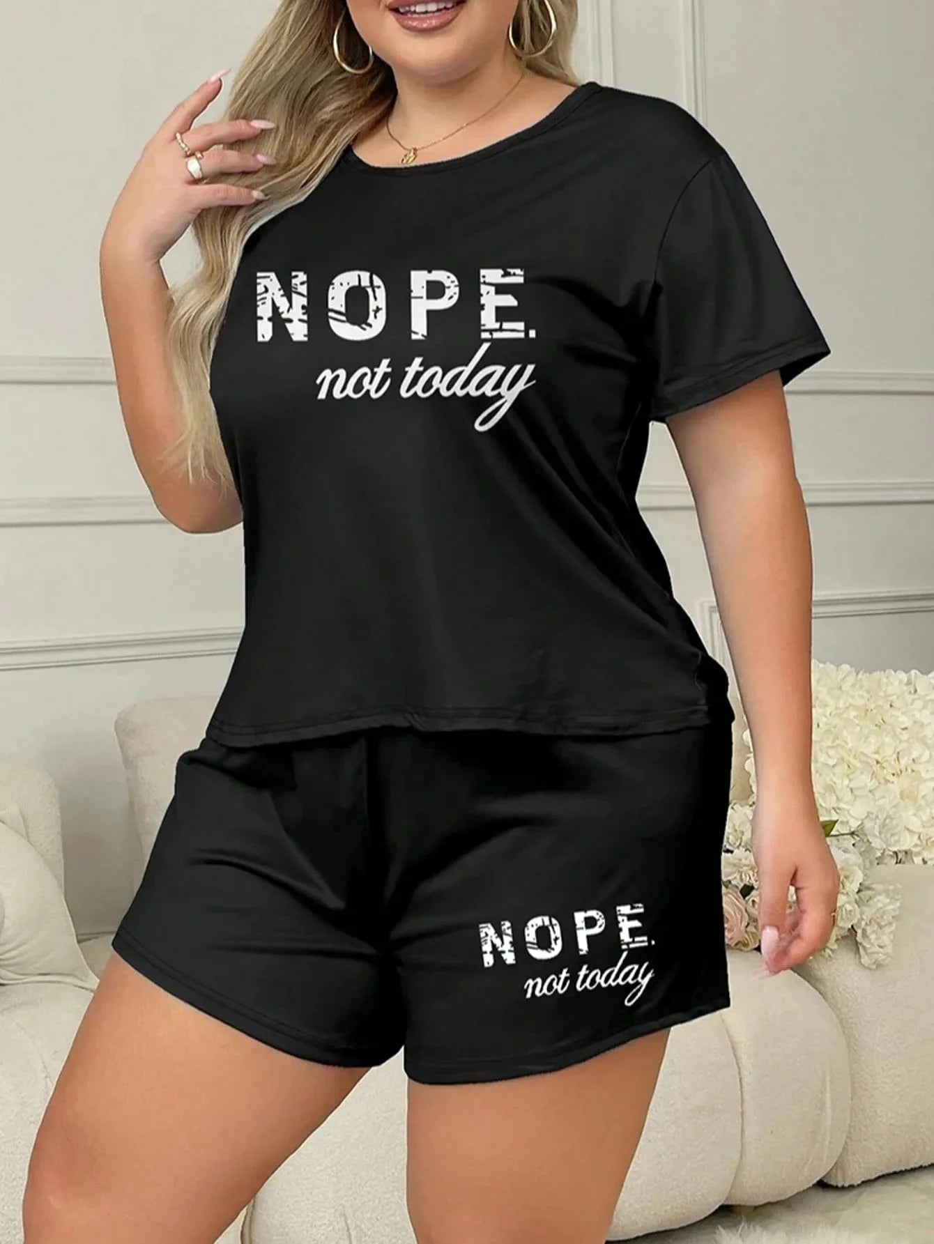 Letters Print Short Sleeve Tee And Elastic Shorts Plus Size Fit Pajama Set