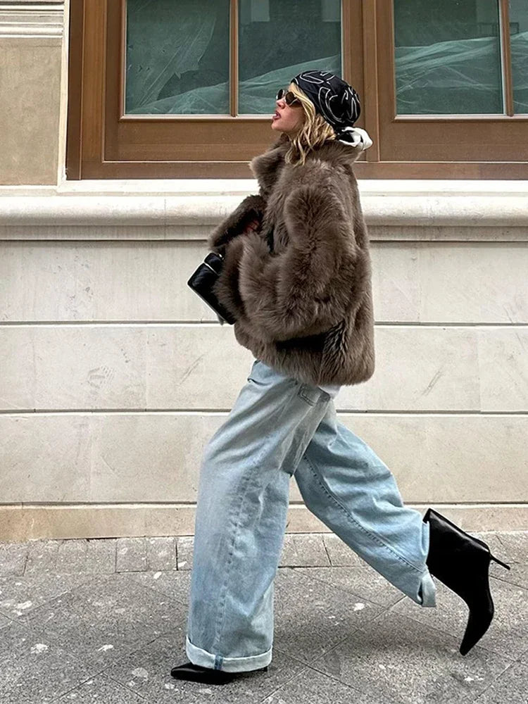 Brown Faux Fur Thicken Long Sleeve Jacket