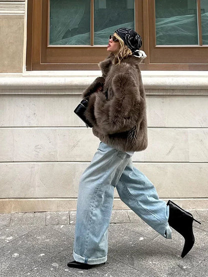 Brown Faux Fur Thicken Long Sleeve Jacket