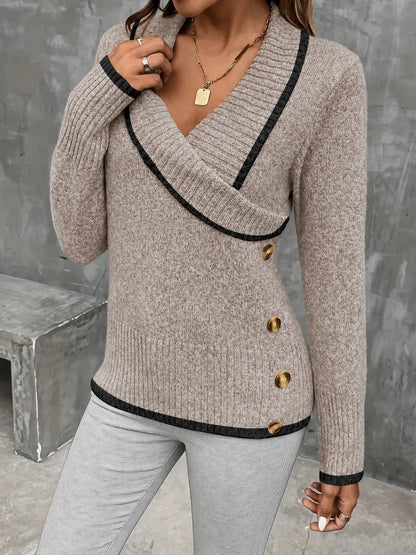 Color Blocking V-Neck Commuter Style Buttoned Long-Sleeved Knit Sweater
