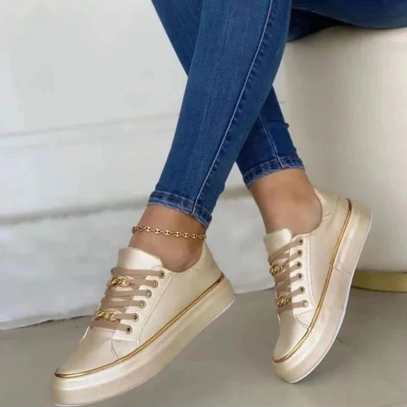 Chain Leather Comfortable Round Toe Platform Sneakers