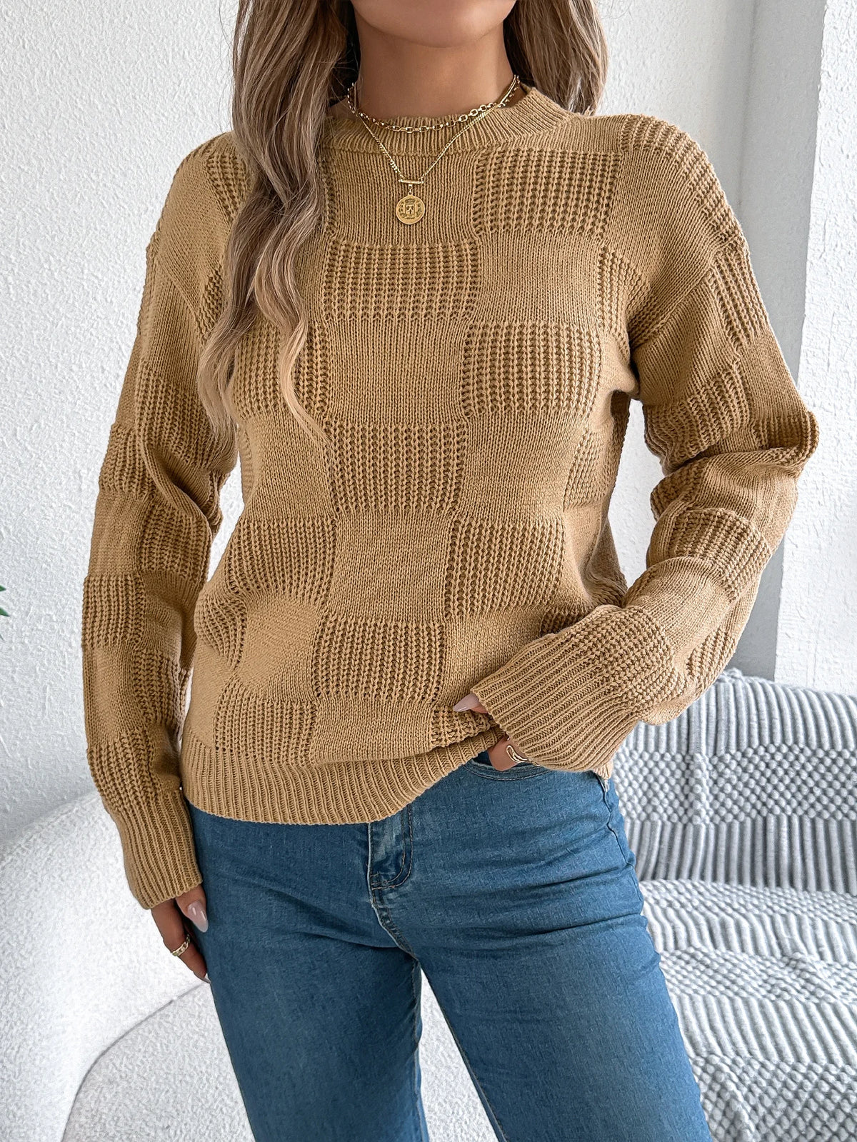 Solid Plaid Round Neck Long Sleeve Knit Cozy Sweaters