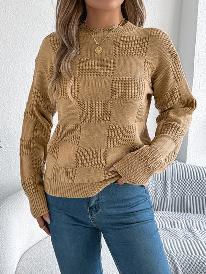 Solid Plaid Round Neck Long Sleeve Knit Cozy Sweaters