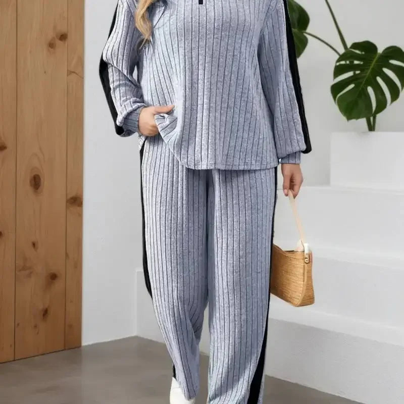 Elegant Casual Zipper Collar Long-Sleeve Top & Wide-Leg Pants Set