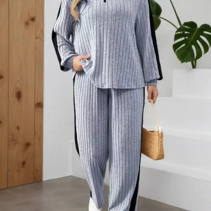 Elegant Casual Zipper Collar Long-Sleeve Top & Wide-Leg Pants Set