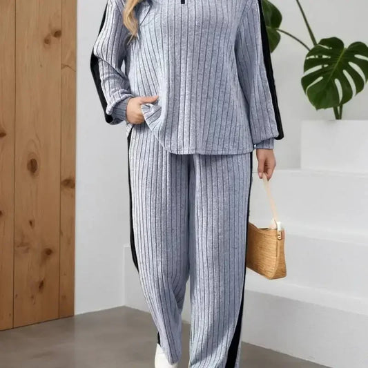 Elegant Casual Zipper Collar Long-Sleeve Top & Wide-Leg Pants Set