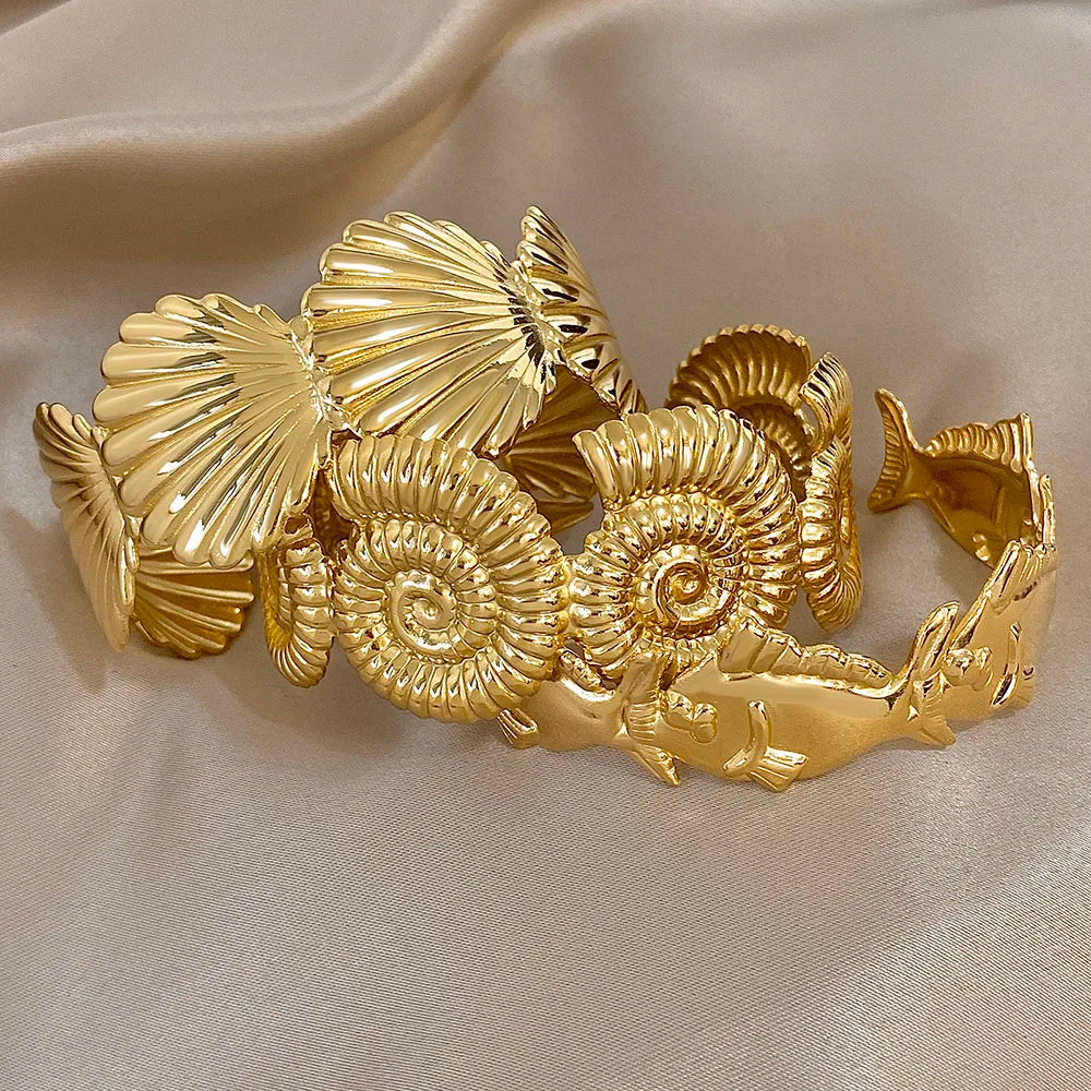 Gold Stainless Steel Open Exaggerated Fish Conch Shell Chunky Bangle Bracelets