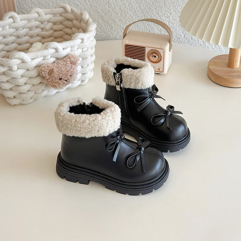 Round Toe Cute Bow Zipper Short Warm Snow Boots