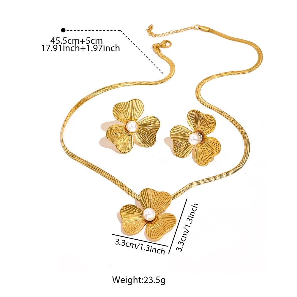 Stainless Steel Gold Flower Pearl Necklace Set