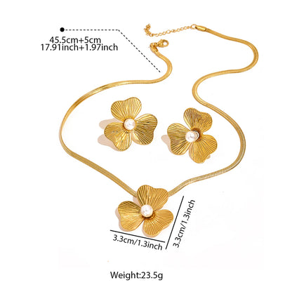 Stainless Steel Gold Flower Pearl Necklace Set