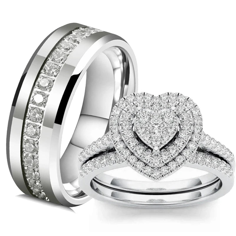 Charm Couple Romantic Heart Rhinestones CZ Rings Set