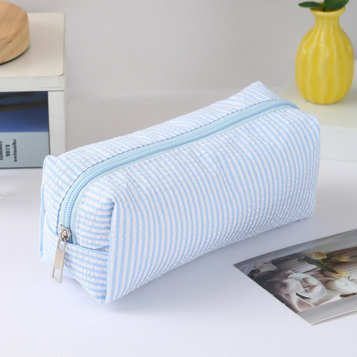 Cute Striped Canvas Pencil Case Small Travel Pouch with Zipper