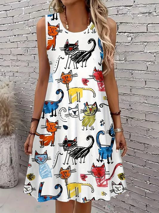Sleeveless Round Neck Lions Zebras Elephants Print Dress