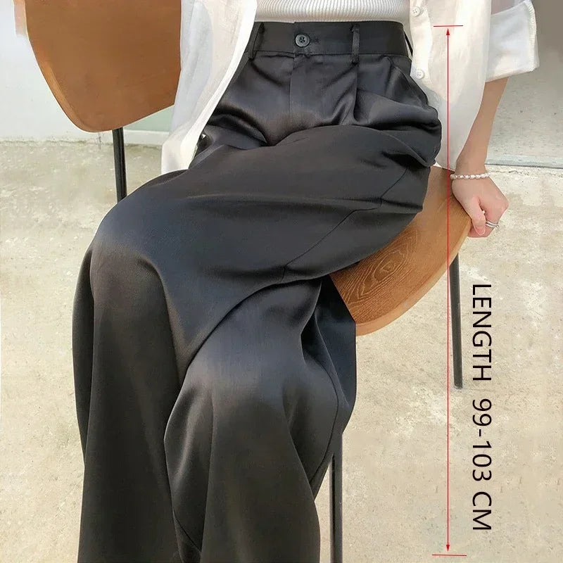 High Waist Wide Leg Fit Classic Black Silk Satin Korean Style Pants