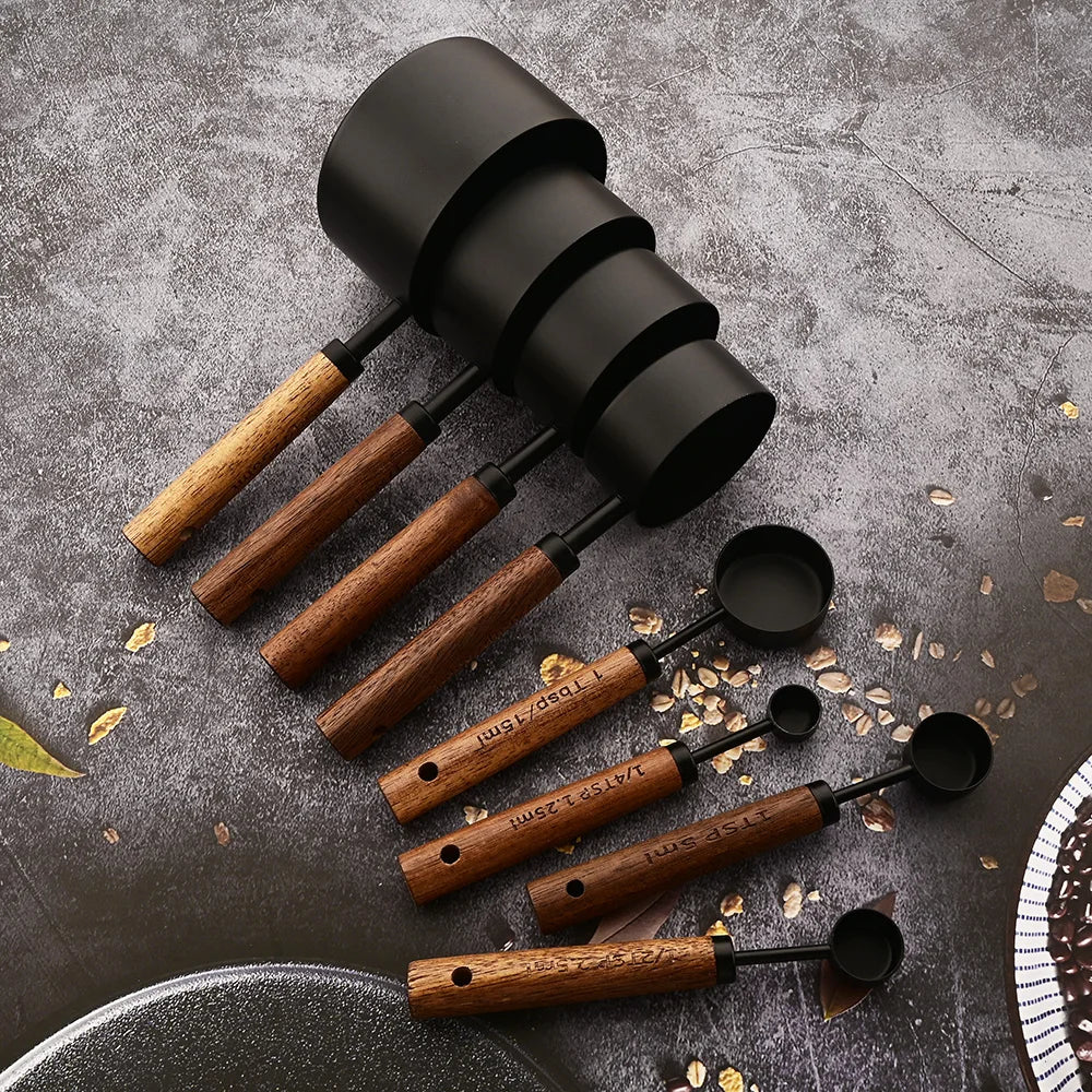 Wooden Handle Stainless Steel Measuring Cups Spoons