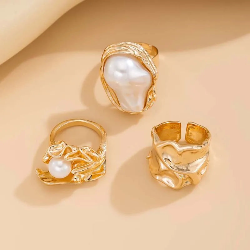 6Pcs/Set Gold Color Imitation Pearl Open Ring