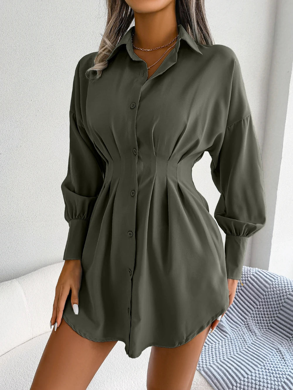 Casual Buttons Long Sleeve Mini Dress