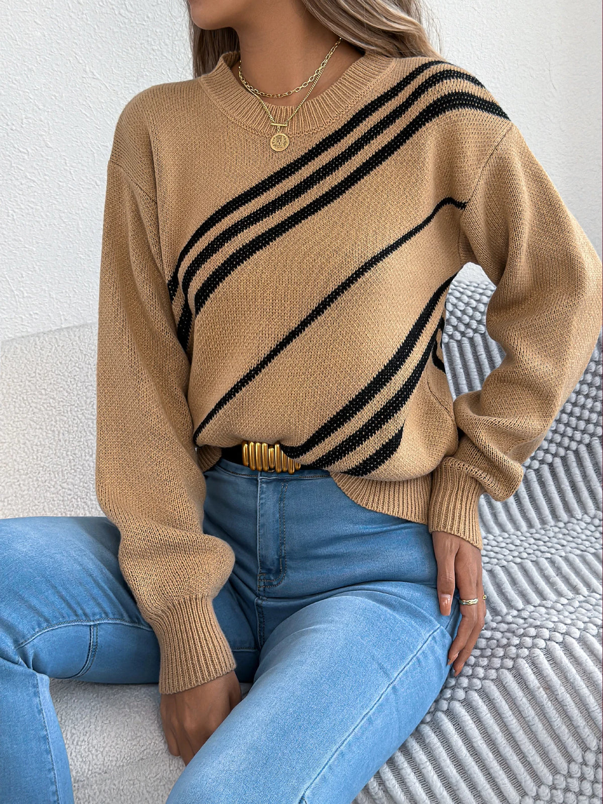 Twill Texture Color Block Round Neck Long Sleeve Cabin Core Knit Pullover