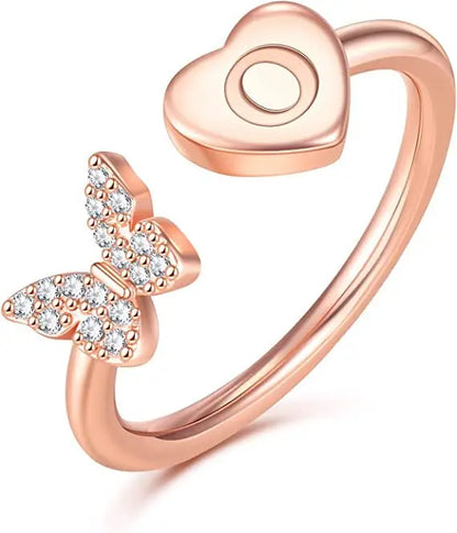Butterfly diamond custom letter rose gold ring