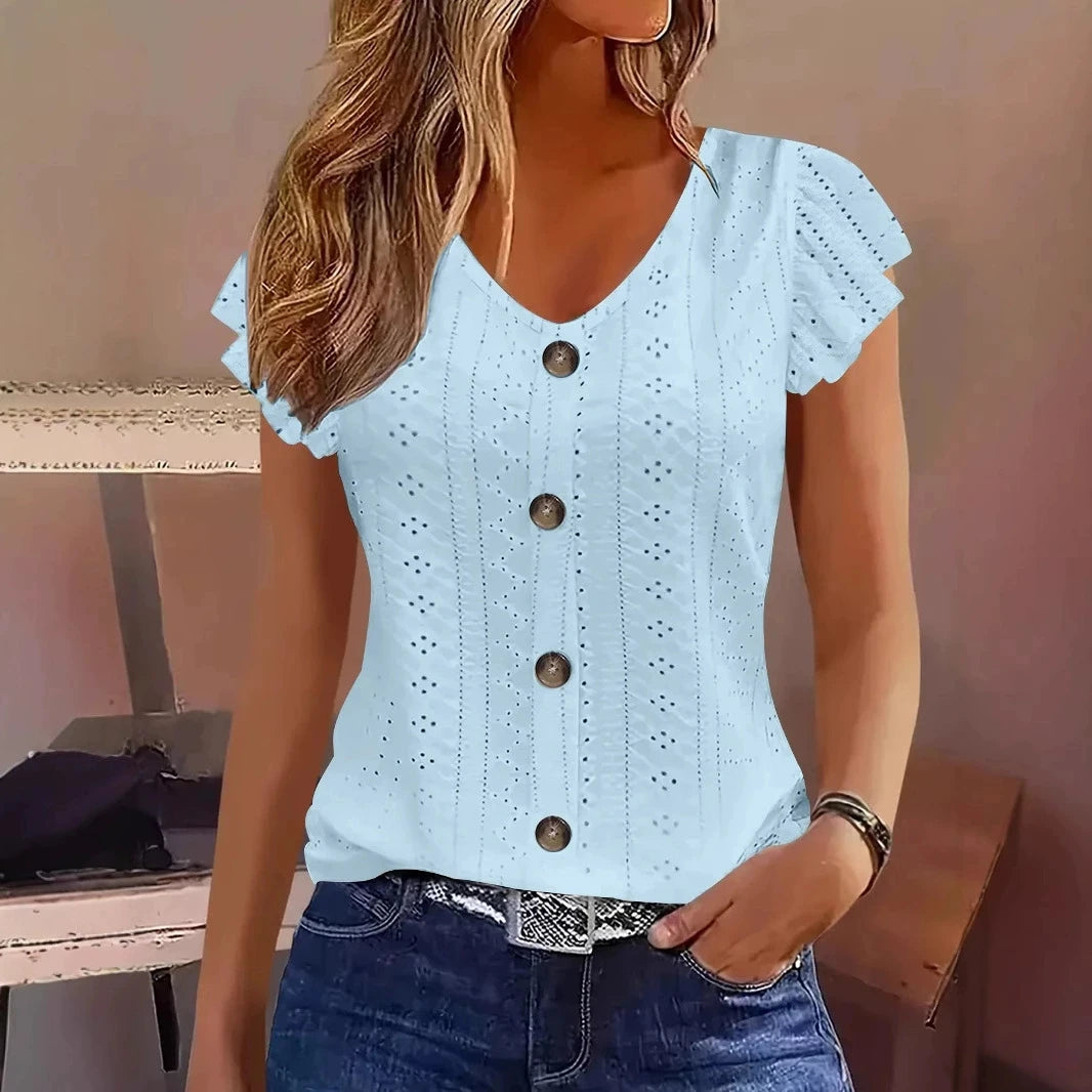 Casual solid ruffle sleeve V-neck T-shirt