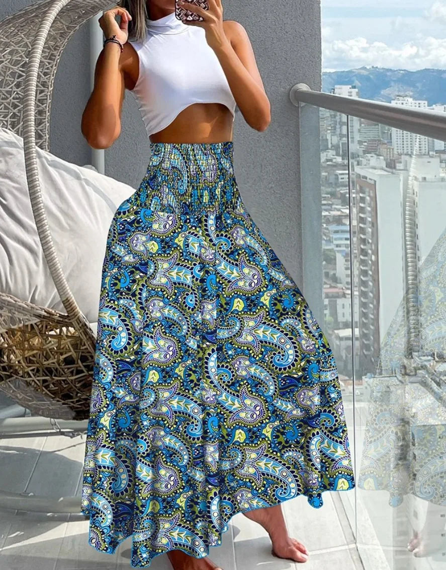 High Waist Long Bohemian Geometric Maxi Skirt S