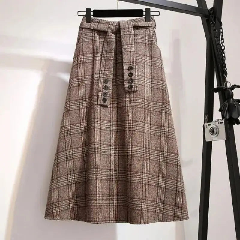 Vintage A-line High Waist Lace Up Buttons Loose Mid-Calf Long Skirts