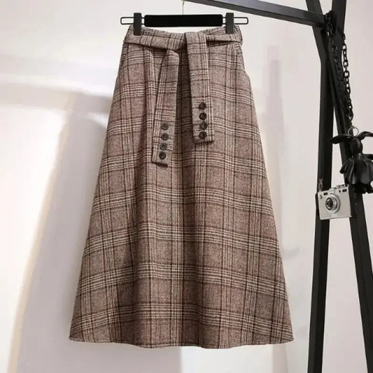 Vintage A-line High Waist Lace Up Buttons Loose Mid-Calf Long Skirts