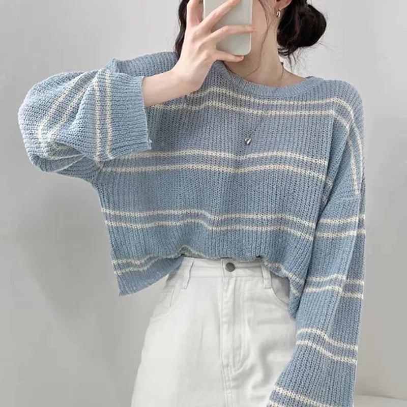 Sunscreen Blouse Hollow Out Pullover Long Sleeve O-neck Loose Sweater