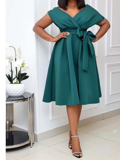 Mid Length Slim Fit Short Sleeve Tight Waist Dress