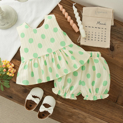 Toddler Girls Korean Style Polka Dot Bow Sleeveless Dress Set