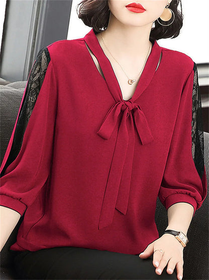 Bow Tie Colloar Half Lace Sleeve Loose Blouses