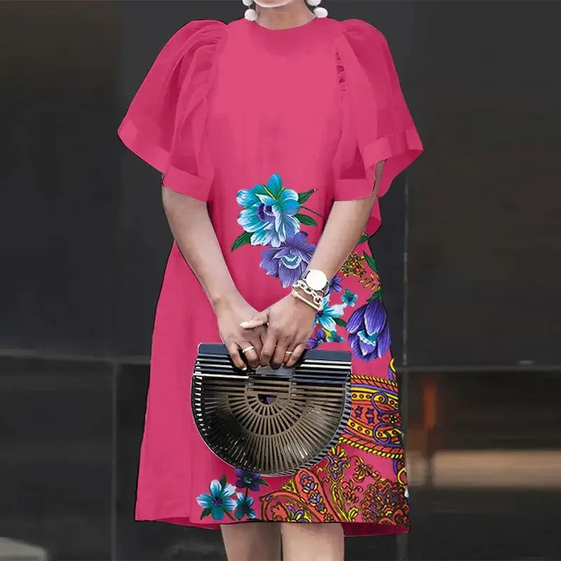 Mesh Patchwork Sundress Mini Ruffle Short Sleeve Dress