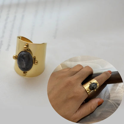 Creative Gold Plated Stainless Steel Simple Geometric Round Natural Stone Ring