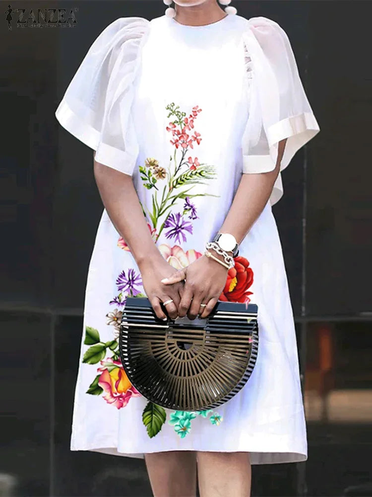 Mesh Patchwork Sundress Mini Ruffle Short Sleeve Dress