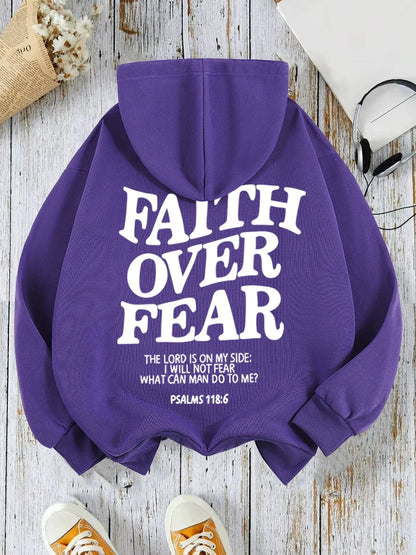 Casual Hoodies Faith Over Fear Letter Printing Sweatshirts Pocket Pullovers