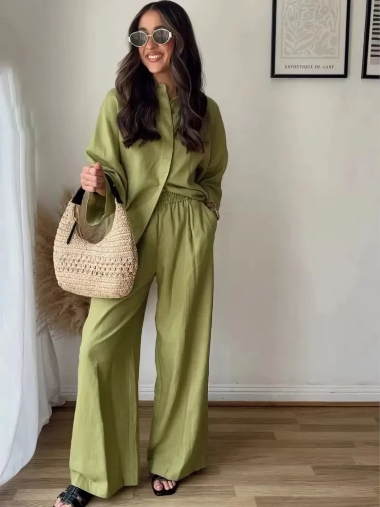 Casual Solid Blouse Pant Sets