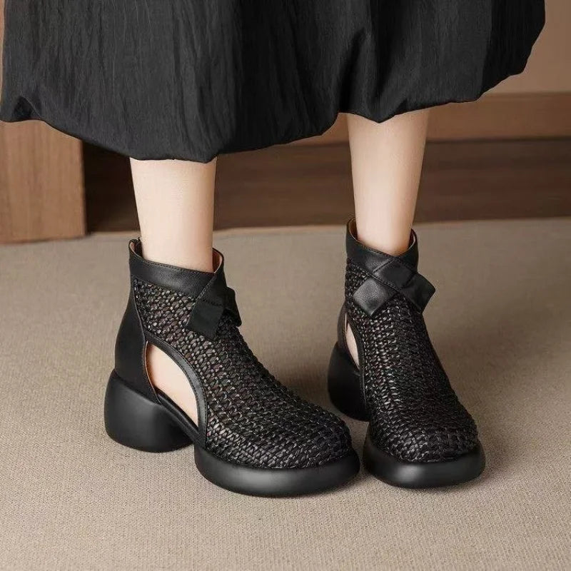 Chunky Heel Soft Leather Roman Sandals Casual Shoes