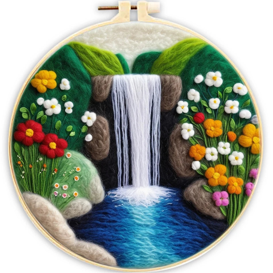 Waterfall Landscape Wool Felting Painting Frame DIY Wool Embroidery Kit