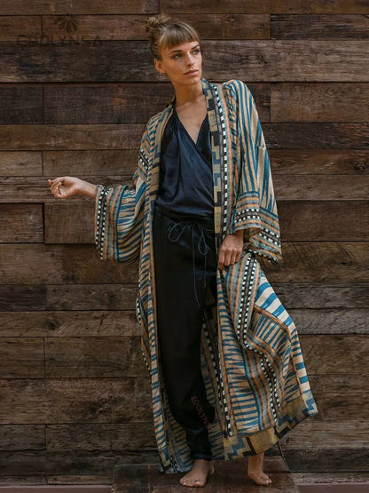 Retro Printed Long Sleeve Self Belted Plus Size Bohemian Blouses
