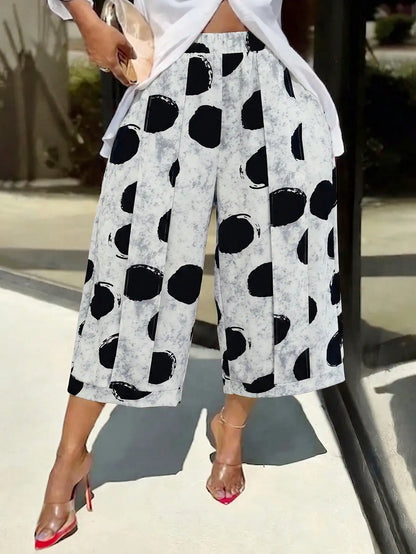 Polka Dot Wide Leg Crop Loose Fit Work Casual Pants